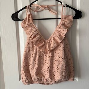 Express Women’s Eyelet Ruffle Halter Tank Top - Blush Pink